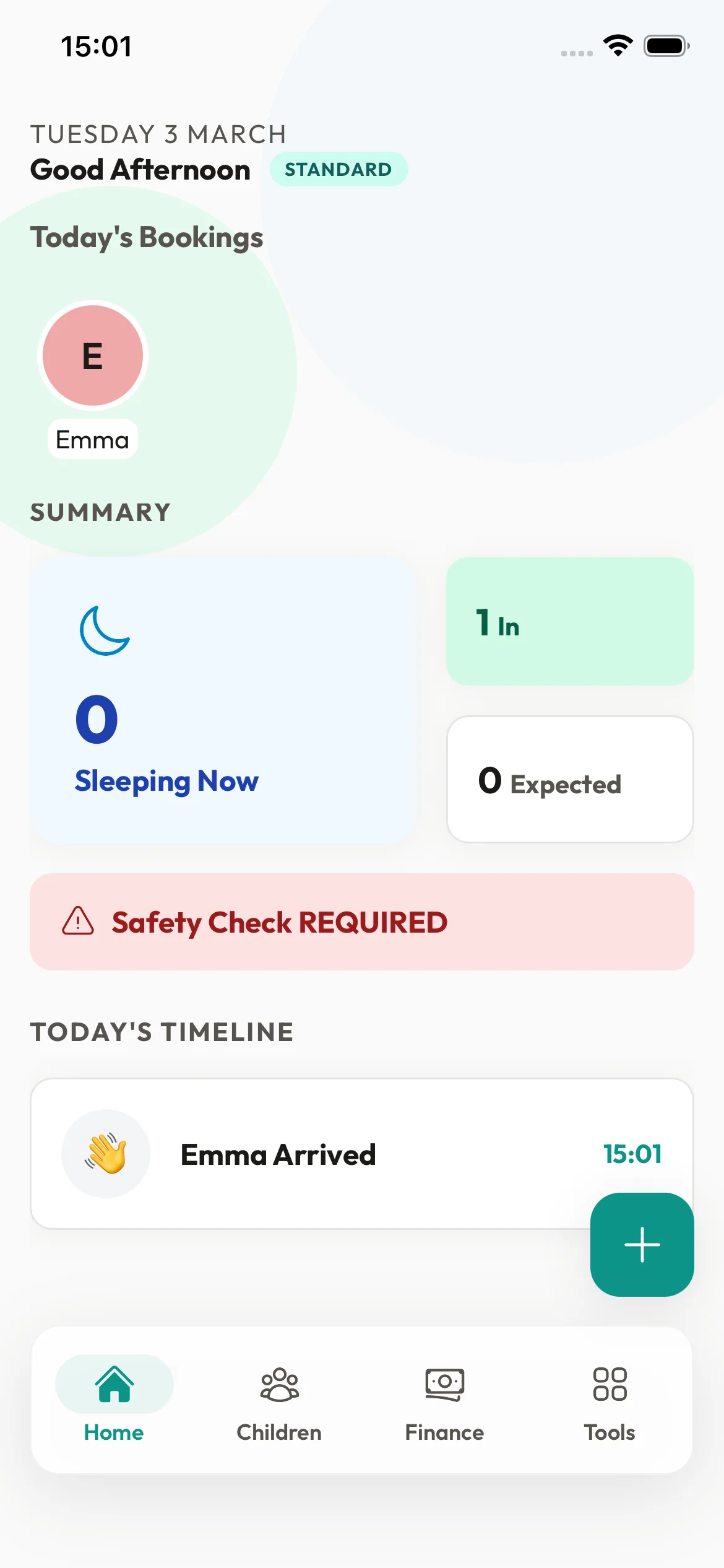 KinderStart childminder app dashboard showing daily diary, attendance, and invoicing on a mobile phone