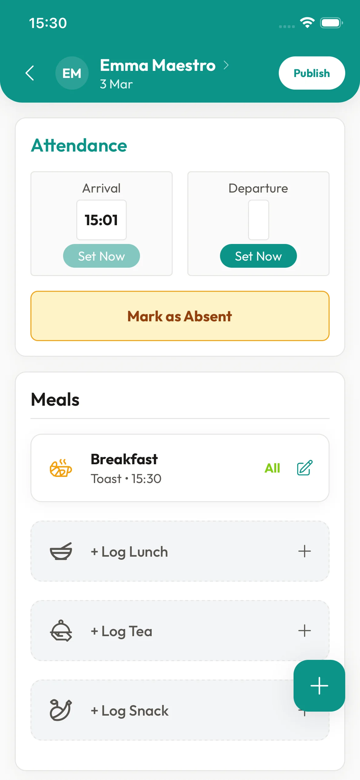 KinderStart daily diary for one child showing arrival time and meals logged
